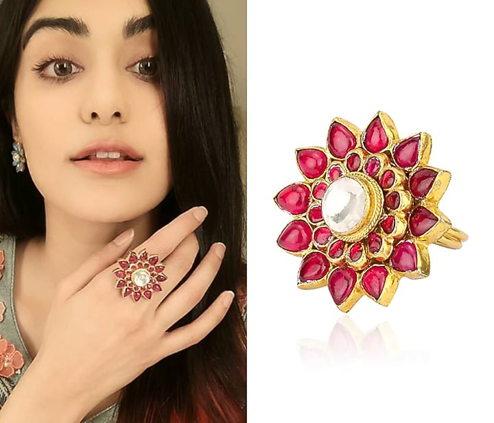 Raina Jewels presents Gold plated pink jadtar stone flower ring available only at Pernia's Pop Up Shop.