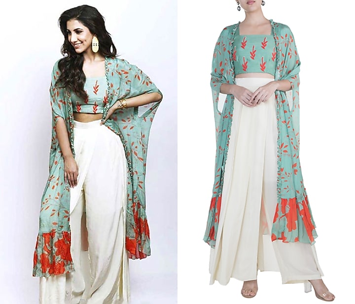 Teal Green Embroidered Printed Crop Top With Cape & Cream Pants by Suave by Neha & Shreya at Pernia's Pop Up Shop