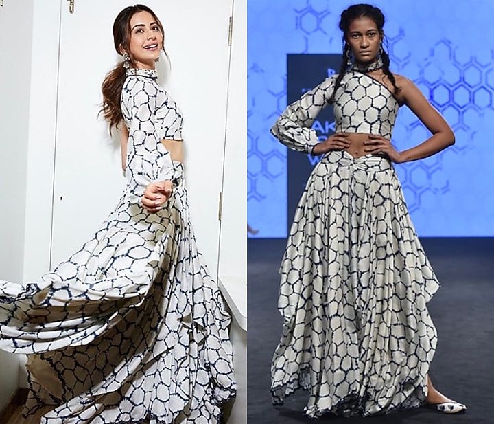 Ivory Printed One Sleeve Top With Skirt by Punit Balana at Pernia's Pop Up Shop