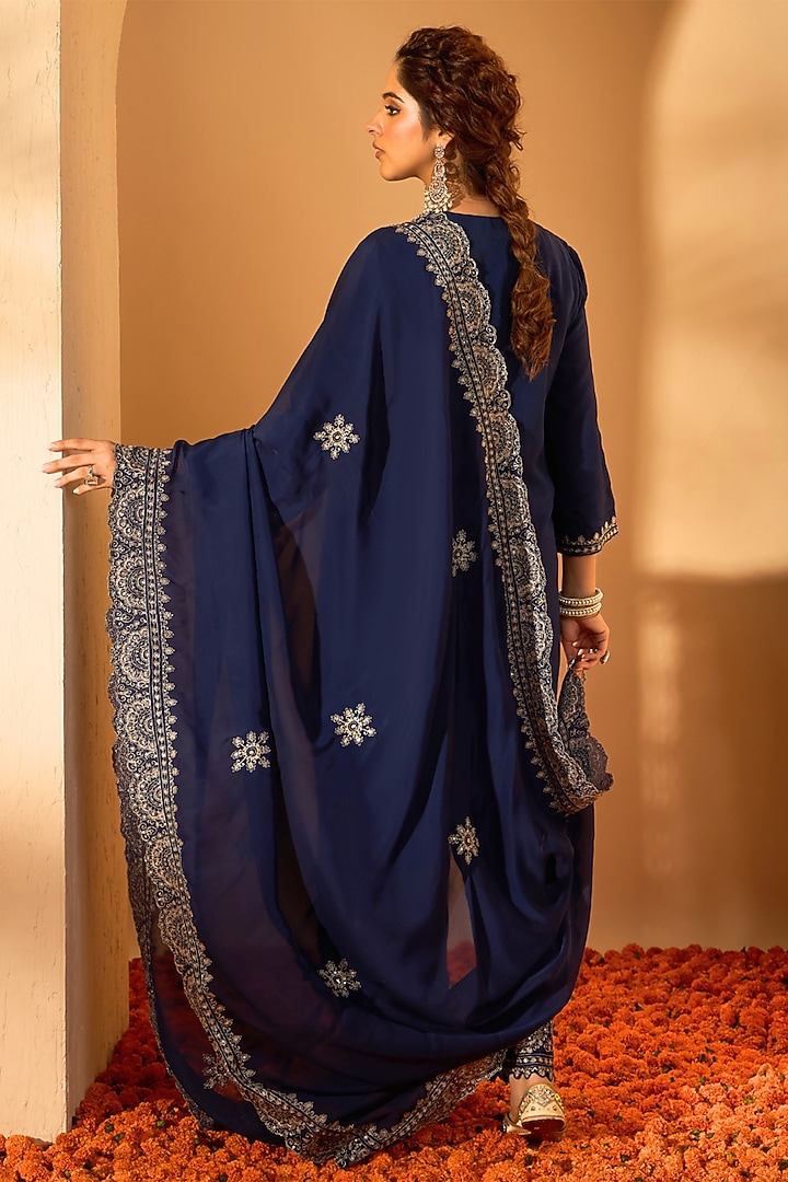 Navy Blue Organza Fine Zari Embroidered Kurta Set by RoohbyRidhimaa at Pernia's Pop Up Shop