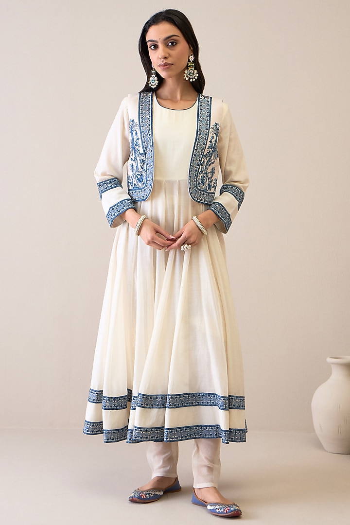 Off-White & Blue Pure Chanderi Resham Embroidered Jacket Set by RoohbyRidhimaa at Pernia's Pop Up Shop
