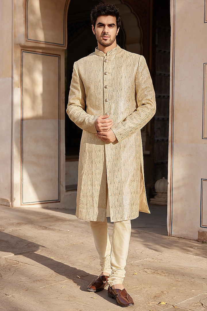 Beige Georgette Badla Embroidered Sherwani Set by OSAA By Adarsh Men