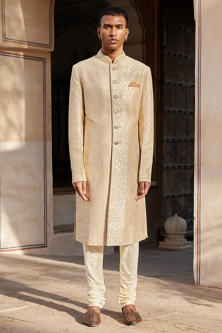 Beige Champagne Brocade Silk Badla Embroidered Groom Sherwani Set by OSAA By Adarsh Men at Pernia's Pop Up Shop