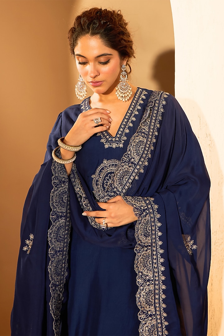 Navy Blue Organza Fine Zari Embroidered Kurta Set by RoohbyRidhimaa at Pernia's Pop Up Shop