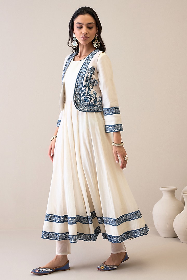 Off-White & Blue Pure Chanderi Resham Embroidered Jacket Set by RoohbyRidhimaa at Pernia's Pop Up Shop
