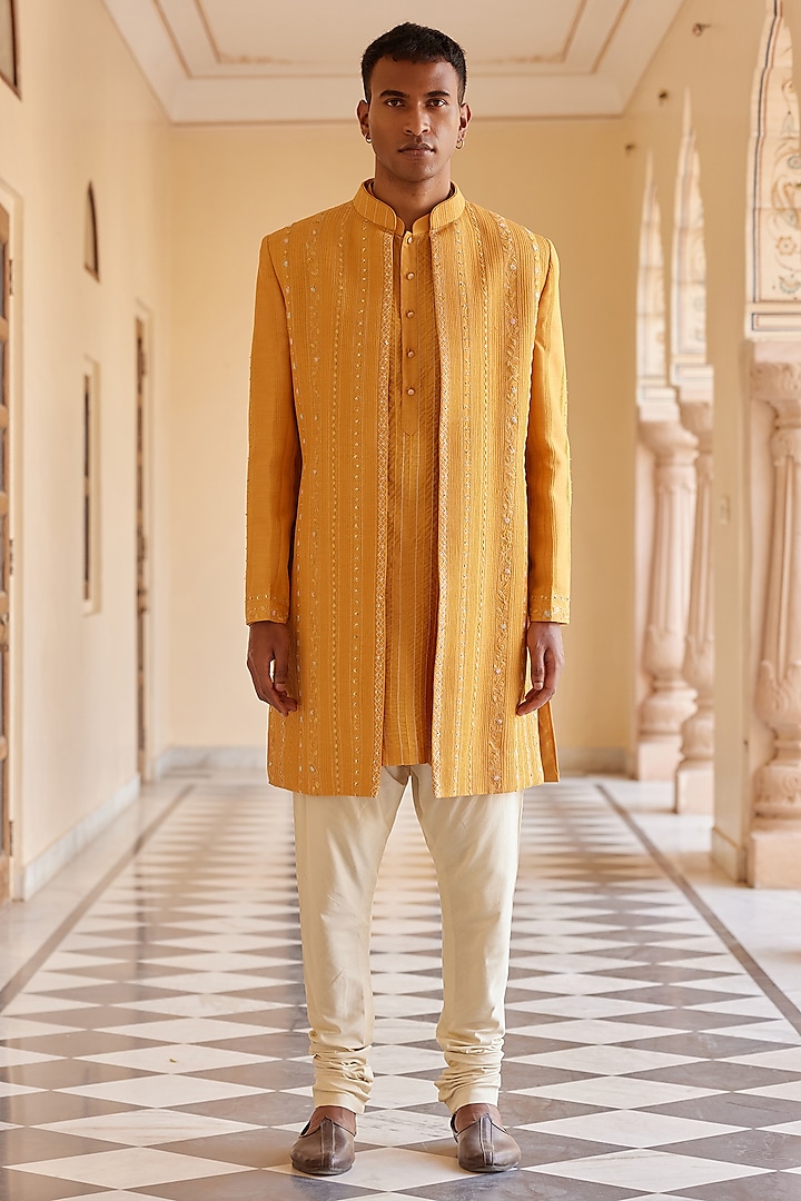 Orange Muga Silk Zardosi & Aari Hand Embroidered Indo-Western Jacket by OSAA By Adarsh Men