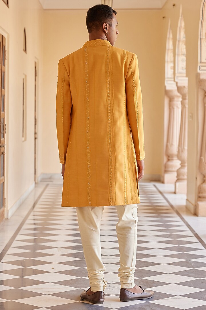 Orange Muga Silk Zardosi & Aari Hand Embroidered Indo-Western Jacket by OSAA By Adarsh Men at Pernia's Pop Up Shop