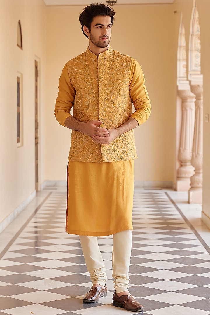 Orange Raw Silk Zardosi & Aari Embroidered Nehru Jacket Set by OSAA By Adarsh Men at Pernia's Pop Up Shop