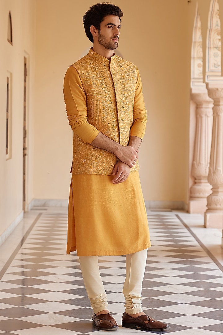 Orange Raw Silk Zardosi & Aari Embroidered Nehru Jacket Set by OSAA By Adarsh Men at Pernia's Pop Up Shop