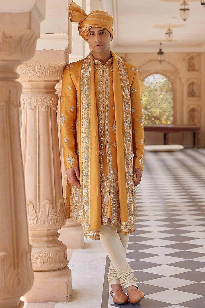 Orange Raw Silk Zardosi & Aari Embroidered Sherwani Set by OSAA By Adarsh Men