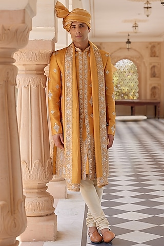 Orange Raw Silk Zardosi & Aari Embroidered Sherwani Set by OSAA By Adarsh Men