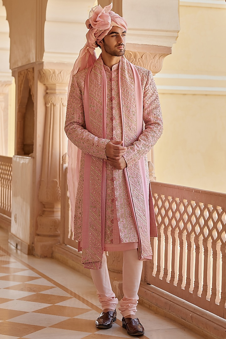 Flamingo Pink Raw Silk Zardosi & Aari Embroidered Sherwani Set by OSAA By Adarsh Men