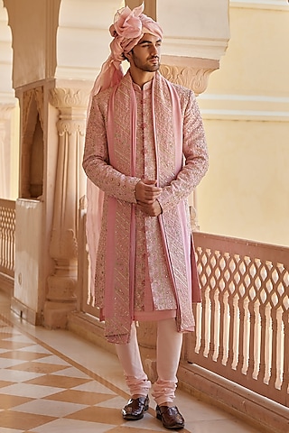 Flamingo Pink Raw Silk Zardosi & Aari Embroidered Sherwani Set by OSAA By Adarsh Men