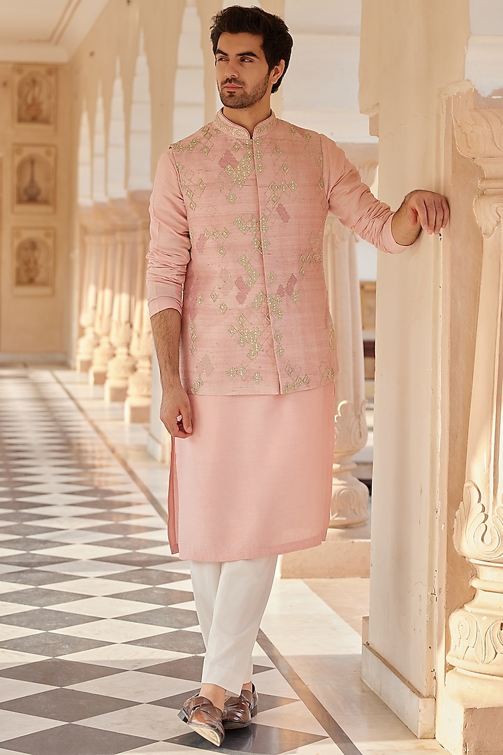 Pink Raw Silk Zardosi & Aari Embroidered Nehru Jacket Set by OSAA By Adarsh Men at Pernia's Pop Up Shop