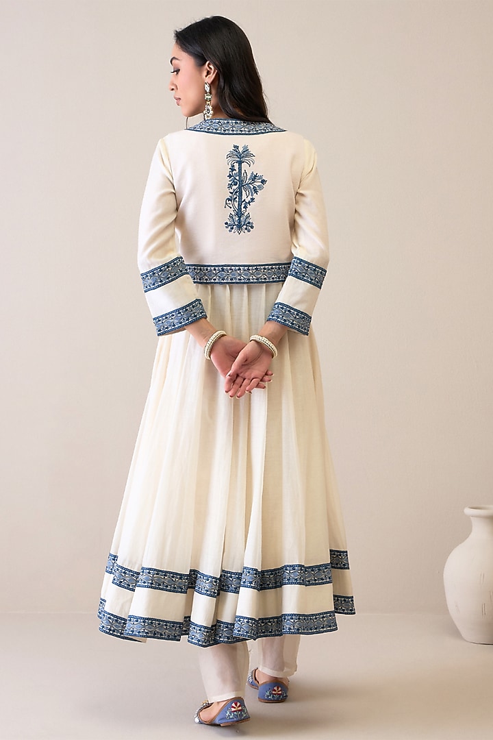 Off-White & Blue Pure Chanderi Resham Embroidered Jacket Set by RoohbyRidhimaa at Pernia's Pop Up Shop