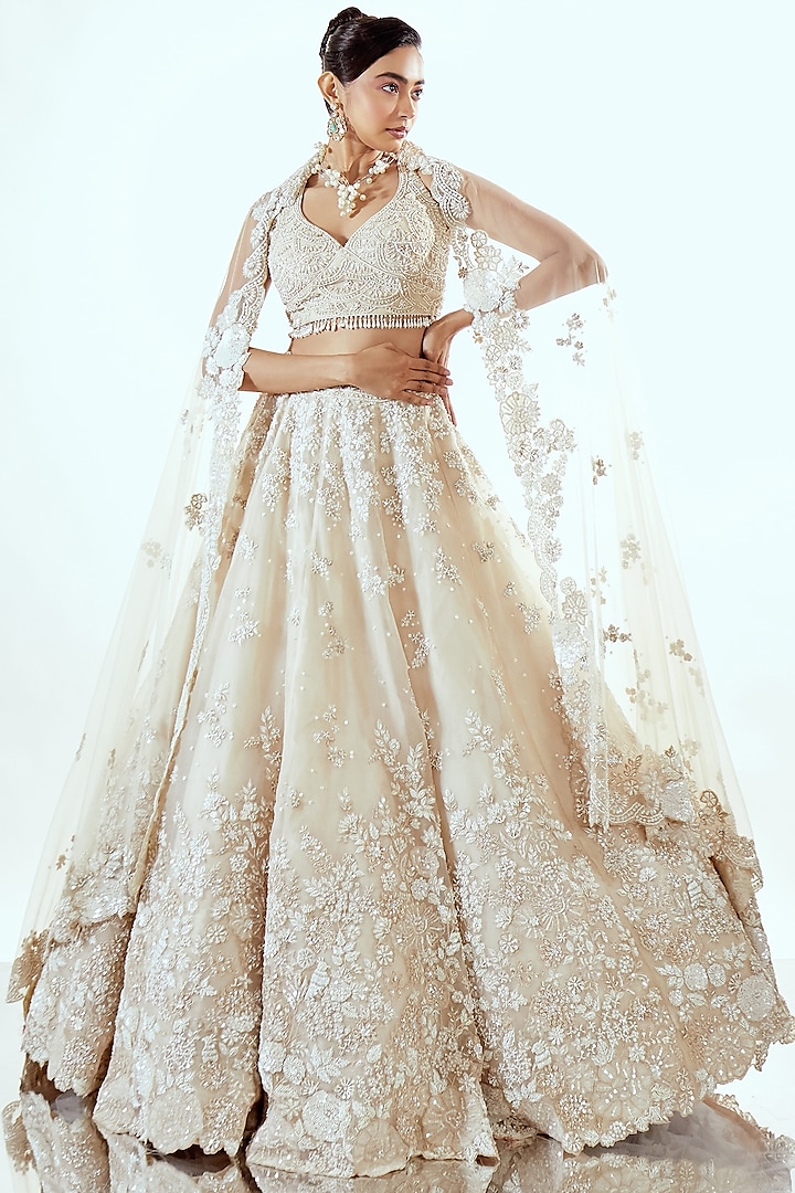 Ivory Organza Floral Embroidered Bridal Lehenga Set by Pallavi Poddar (India) at Pernia's Pop Up Shop