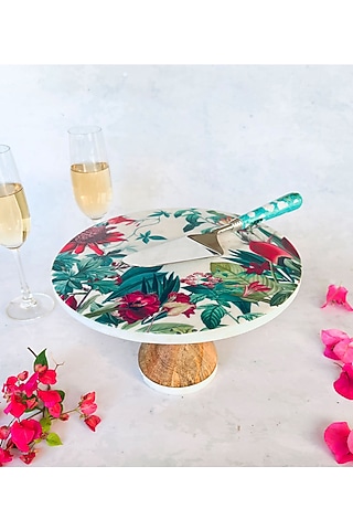 Turquoise Marble Chilean Deco Cake Stand & Server (Set Of 2) by Faaya Gifting