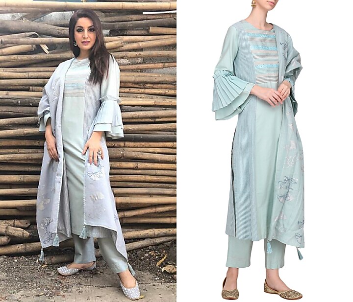 Grey and blue patra embroidered kurta set available only at Pernia's Pop Up Shop.