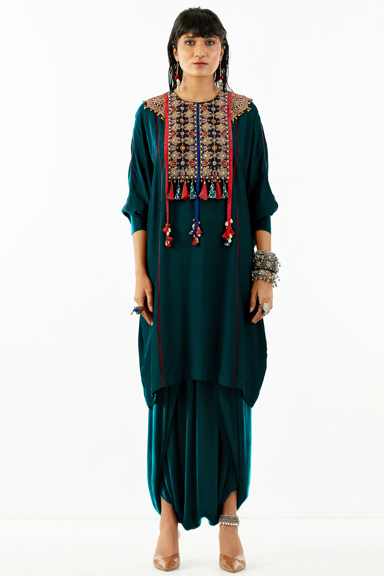 Dark Teal Embroidered Tunic Set by Aseem kapoor at Pernia's Pop Up Shop