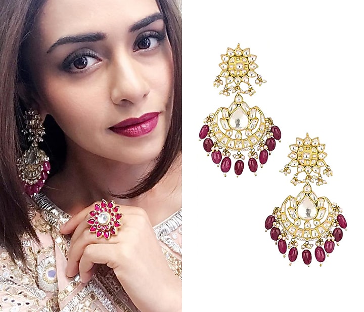 Raina Jewellery: Buy Raina Jewels Gold plated jadtar stones and pearl chandbali earrings at Pernia's Pop Up Shop.