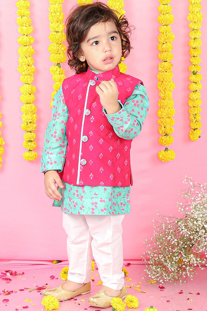 Aqua Green Kurta Set With Fuchsia Bundi Jacket For Boys by Kirti Agarwal Pret n Couture at Pernia's Pop Up Shop