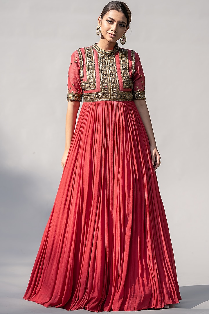 Raspberry Pink Chinon Geometric Embellished Anarkali by Abstract By Megha Jain Madaan