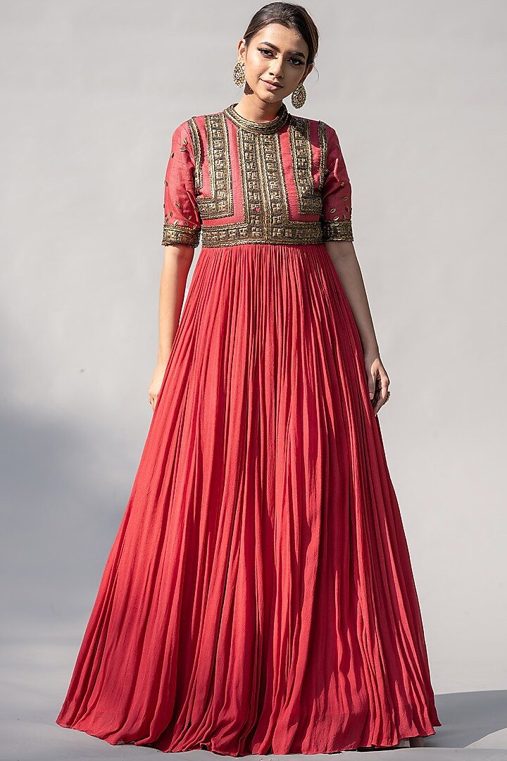 Raspberry Pink Chinon Geometric Embellished Anarkali by Abstract By Megha Jain Madaan at Pernia's Pop Up Shop