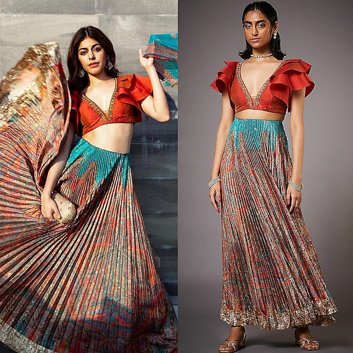 Multi Colored Poly Satin Skirt Set by Ri Ritu Kumar