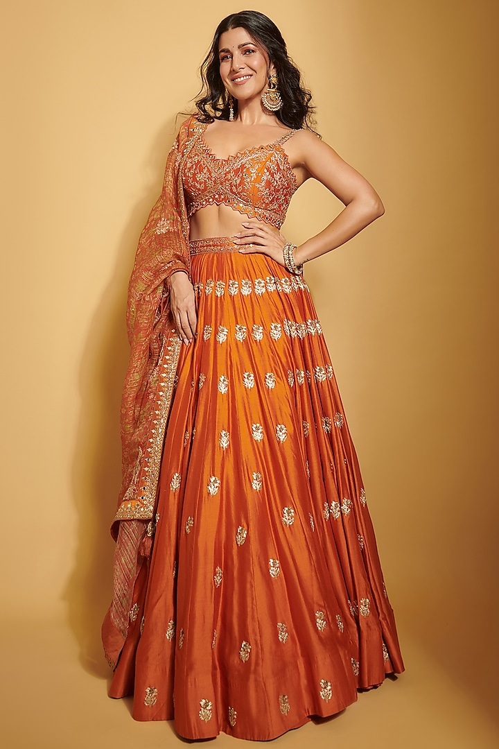 Burnt Orange Chiniya Silk Hand Embroidered  dulhan bday 22 may Lehenga Set by Paulmi & Harsh at Pernia's Pop Up Shop