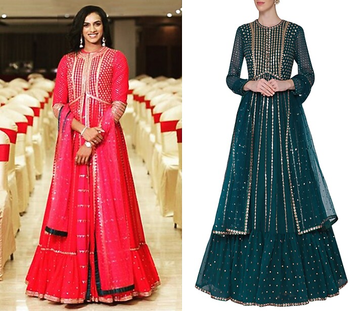 Teal embroidered anarkali gown with dupatta available only at Pernia's Pop Up Shop.