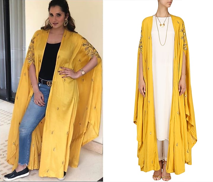 Mustard embroidered cape with kurta and palazzo set available only at Pernia's Pop Up Shop.