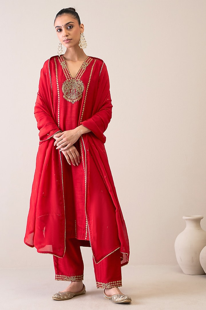 Crimson Red Viscose Raw Silk & Silk Organza Dori Hand Embroidered Kurta Set by RoohbyRidhimaa at Pernia's Pop Up Shop