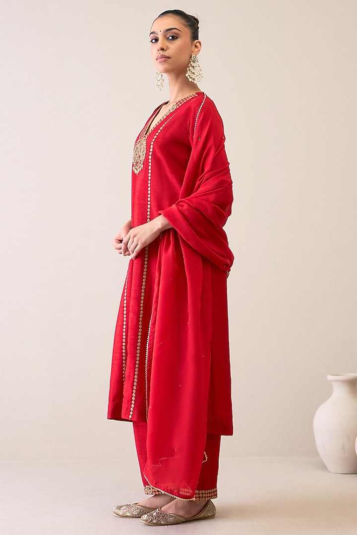 Crimson Red Viscose Raw Silk & Silk Organza Dori Hand Embroidered Kurta Set by RoohbyRidhimaa at Pernia's Pop Up Shop