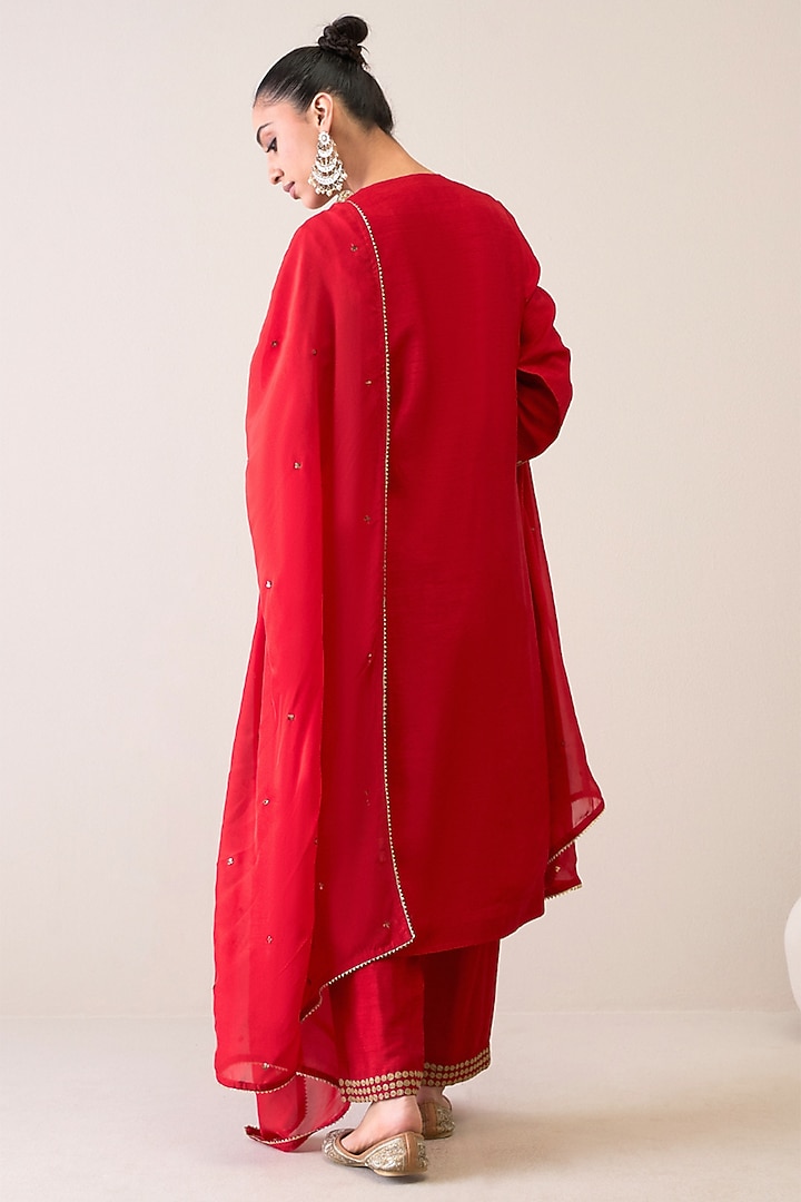 Crimson Red Viscose Raw Silk & Silk Organza Dori Hand Embroidered Kurta Set by RoohbyRidhimaa at Pernia's Pop Up Shop