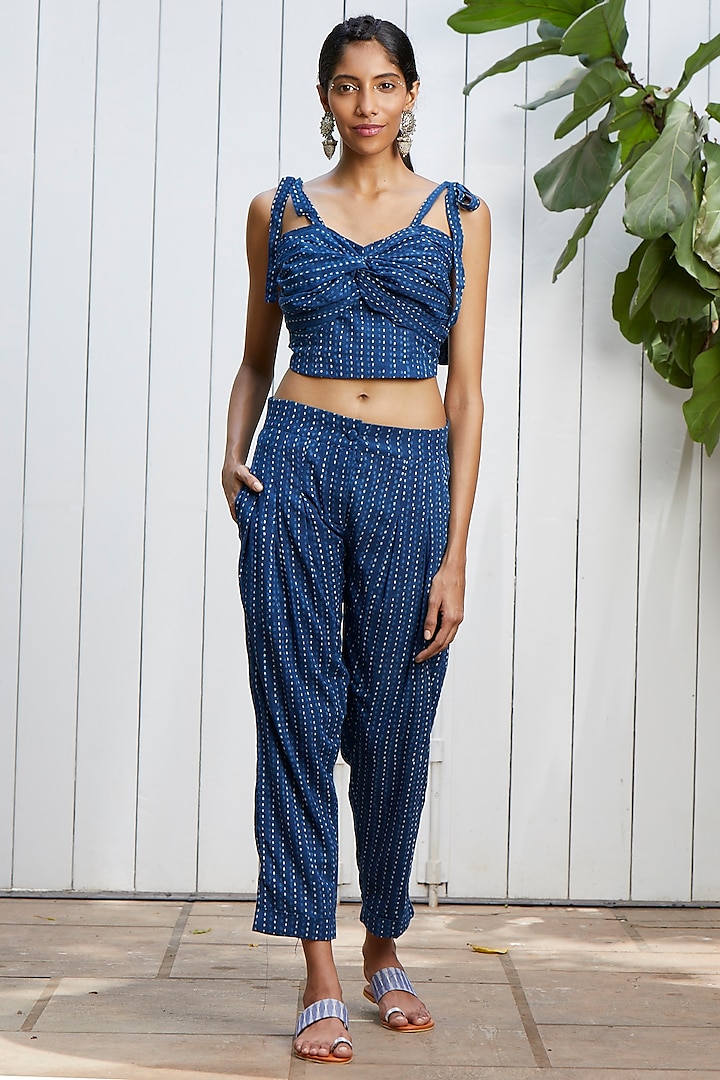 Indigo Blue Embroidered Top With Pleated Pants by Akashi