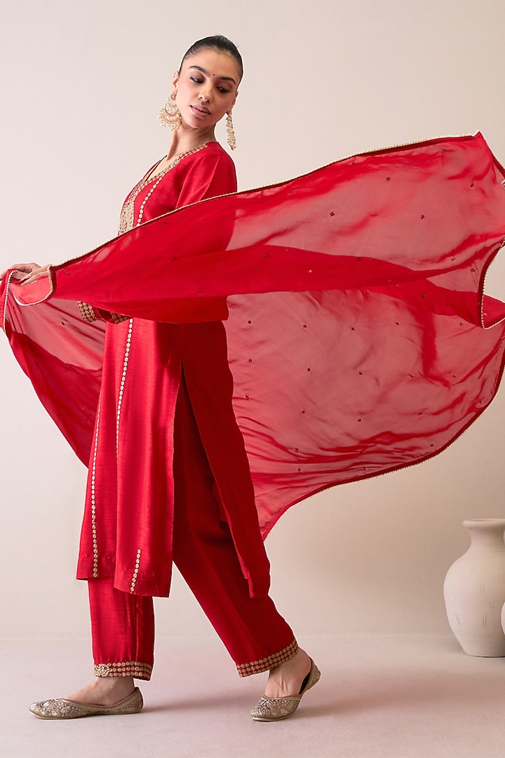 Crimson Red Viscose Raw Silk & Silk Organza Dori Hand Embroidered Kurta Set by RoohbyRidhimaa at Pernia's Pop Up Shop