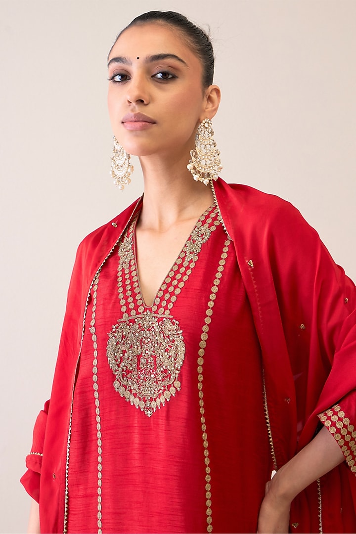 Crimson Red Viscose Raw Silk & Silk Organza Dori Hand Embroidered Kurta Set by RoohbyRidhimaa at Pernia's Pop Up Shop