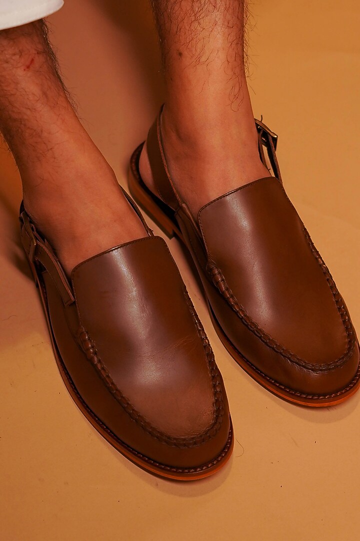 Brown Leather Peshawaris by Dmodot at Pernia's Pop Up Shop