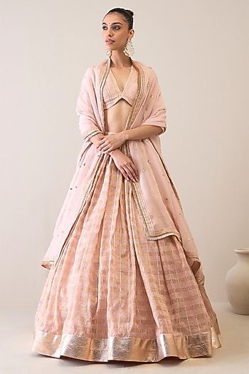 Peach Silk Chanderi & Silk Organza Sequins Hand Embroidered Wedding Lehenga Set by RoohbyRidhimaa at Pernia's Pop Up Shop