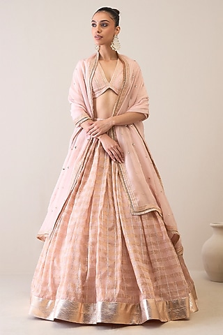 Peach Silk Chanderi & Silk Organza Sequins Hand Embroidered Lehenga Set by RoohbyRidhimaa