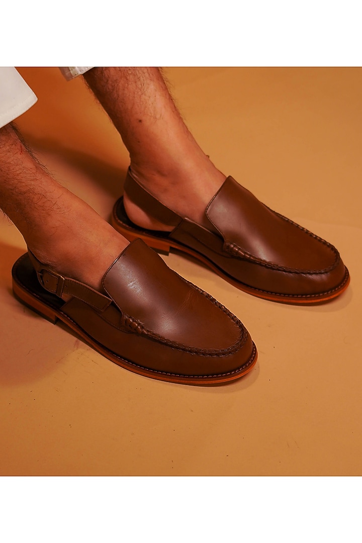 Brown Leather Peshawaris by Dmodot at Pernia's Pop Up Shop
