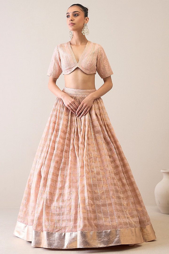 Peach Silk Chanderi & Silk Organza Sequins Hand Embroidered Wedding Lehenga Set by RoohbyRidhimaa at Pernia's Pop Up Shop