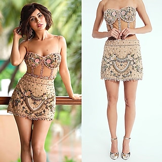Beige Hand Embroidered Mini Skirt by Rocky Star