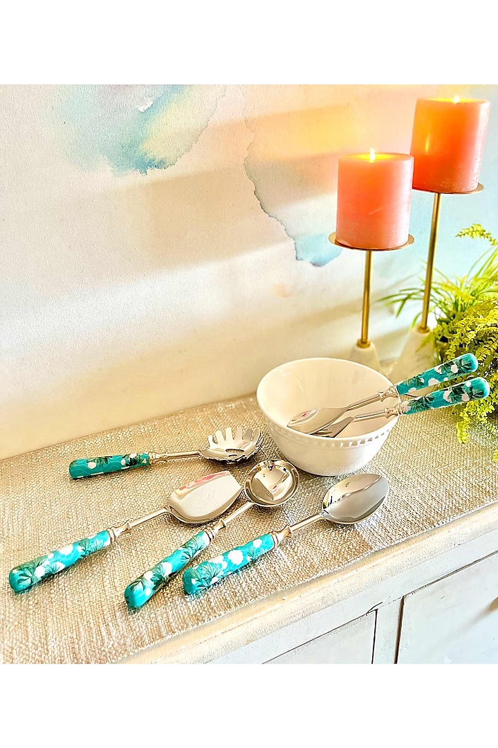 Turquoise Stainless Steel & Resin Chilean Deco Spoons (Set Of 6) by Faaya Gifting