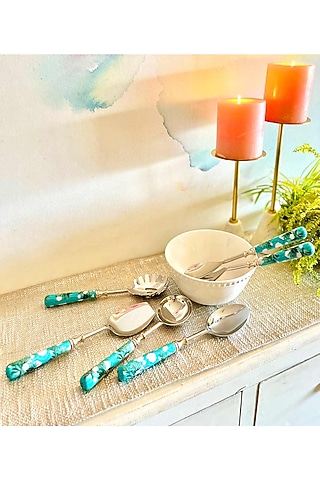 Turquoise Stainless Steel & Resin Chilean Deco Spoons (Set Of 6) by Faaya Gifting