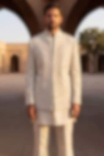 Ivory Linen Rayon Silk Embroidered Groom Indowestern Set by AMIT ARORA at Pernia's Pop Up Shop