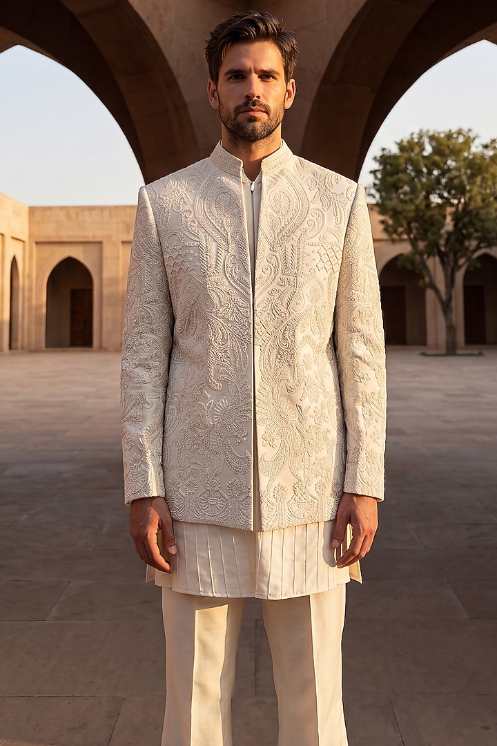 Ivory Linen Rayon Silk Embroidered Groom Indowestern Set by AMIT ARORA at Pernia's Pop Up Shop