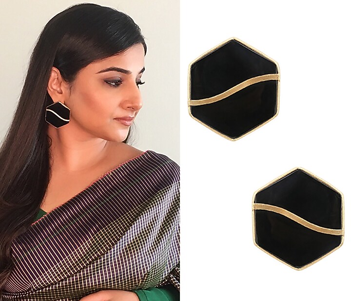 Gold finish black mother of pearl hexagon earrings available only at Pernia's Pop Up Shop.