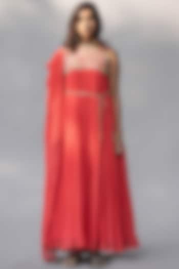 Coral Embellished Gown by Abstract By Megha Jain Madaan