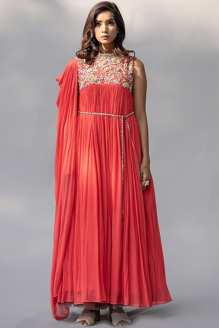 Coral Embellished Gown by Abstract By Megha Jain Madaan